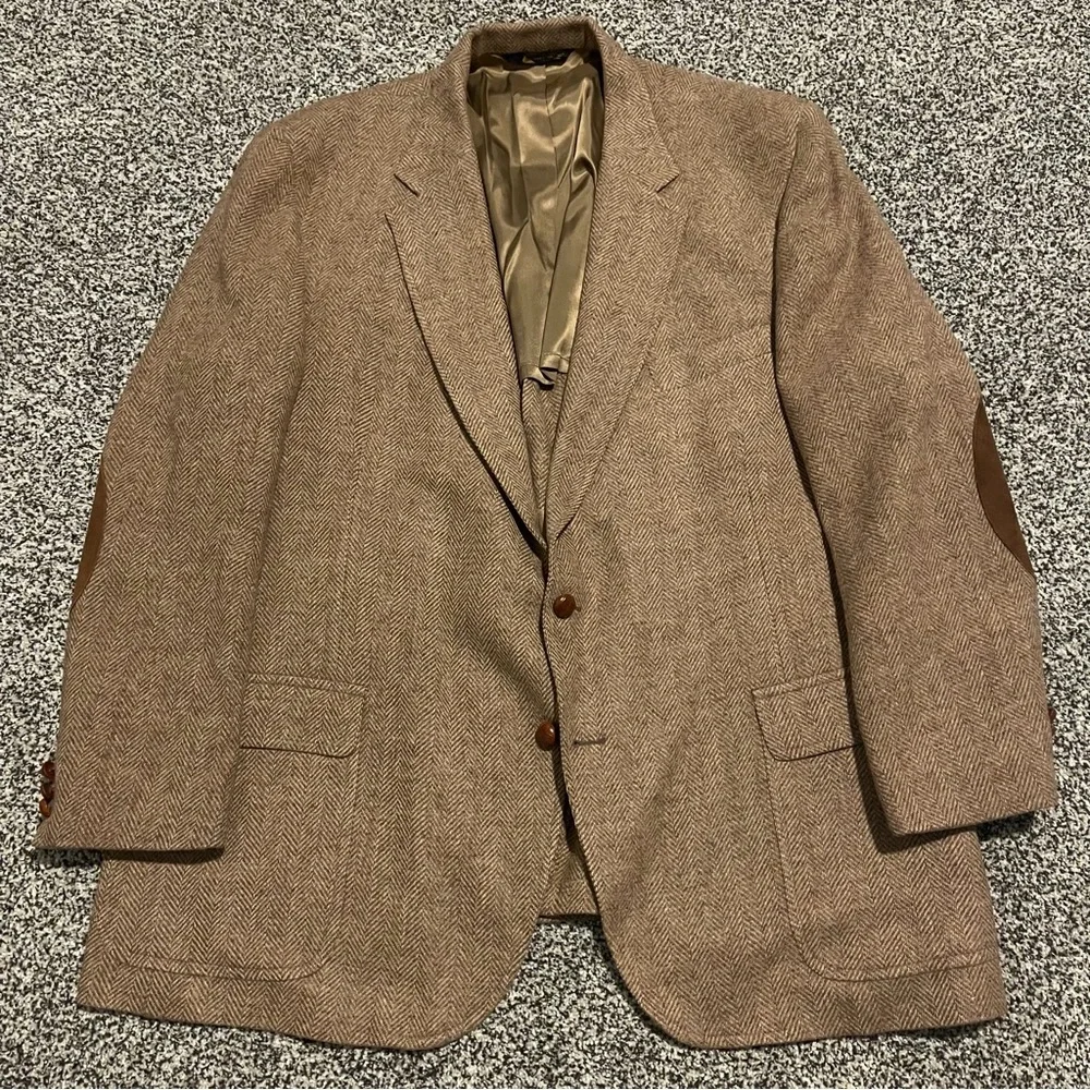 Vintage‎ Men's 100% Wool Tweed Herringbone Blazer Elbow Patches Harcourt James